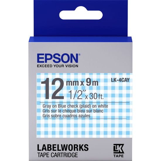 LK-4CAY-12MM GRAY ON BLUE CHECK TAPE