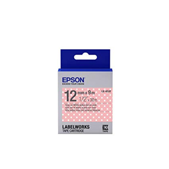 LK-4EAY-12MM GRAY ON POLKADOTPINK TAPE
